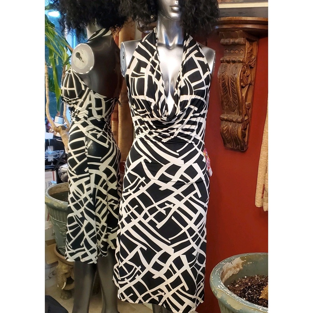 NEW Salome A-Line Sleeveless‎ Midi Dress Size S Black & White Geometric Stretch